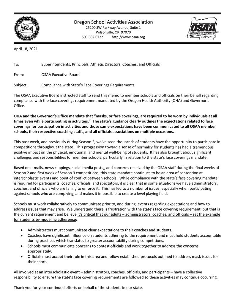 OSAA Executive Board Memo about Compliance with State's Face Covering Requirements