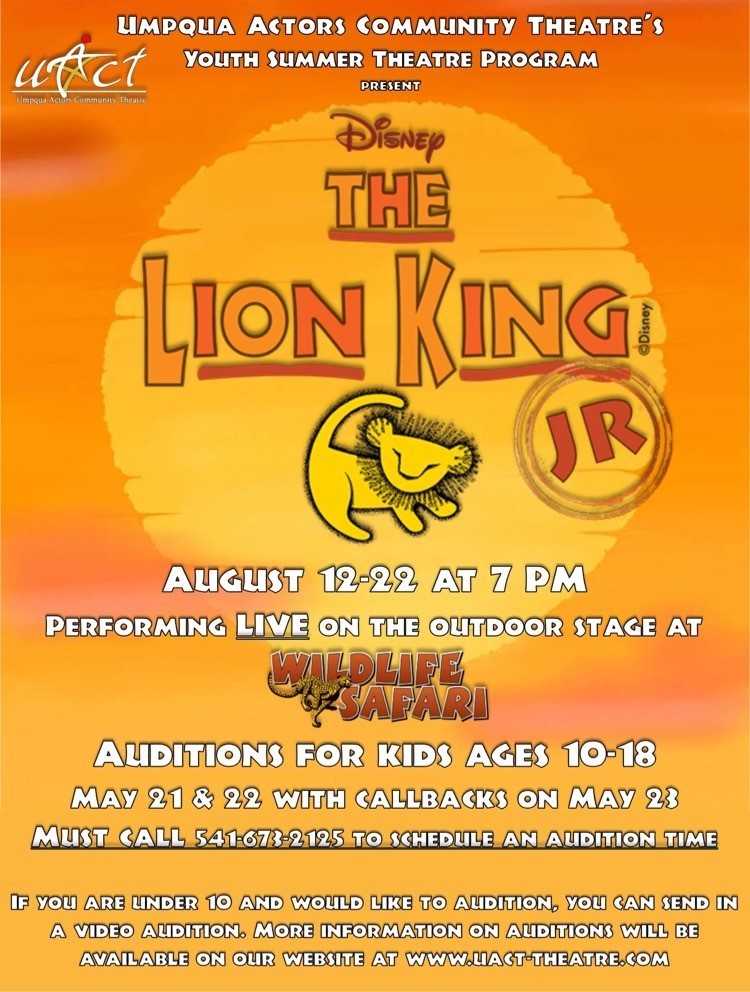 UACT Poster about The Lion King Jr. Auditions May 21 -22.
